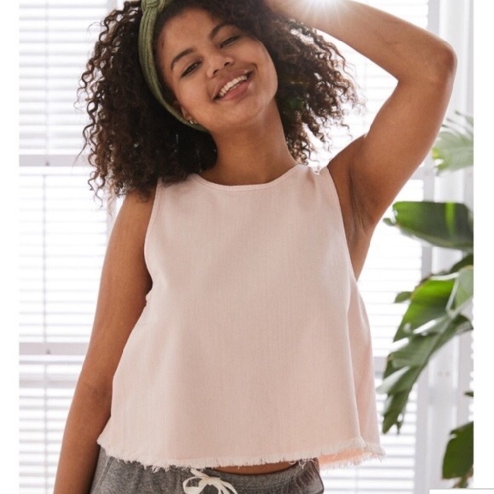 EUC Aerie Denim Fringe Tank with Back Slit - Blush
